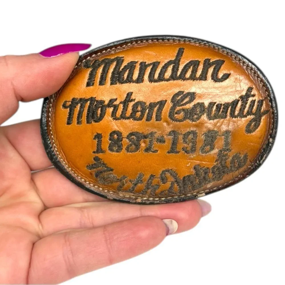 Vintage Tony Lama Mandan County North Dakota Leather Belt Buckle USA Western